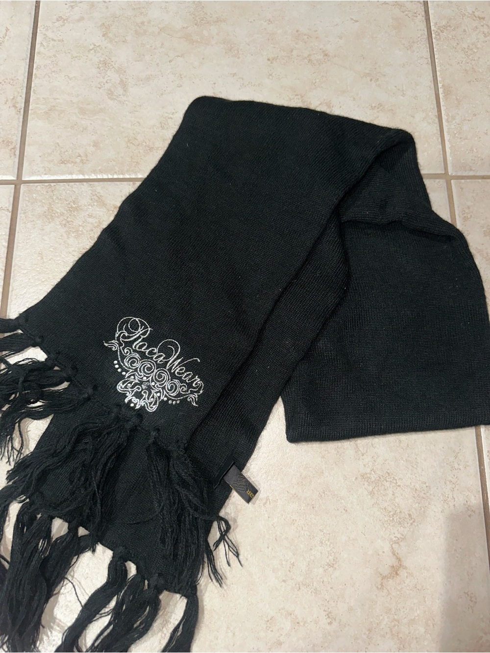 Rocawear Black Knit Fringe Scarf Embroidered Logo Winter Unisex